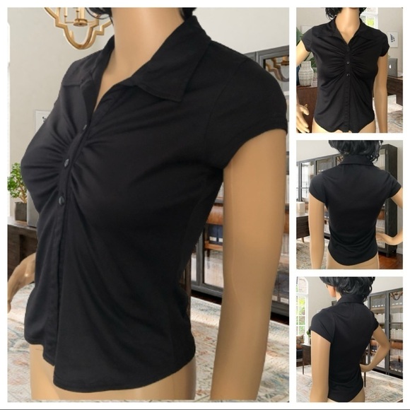 Vintage Cropped Black Button Down Y2K Collared Blouse Top by Younique - Picture 1 of 8